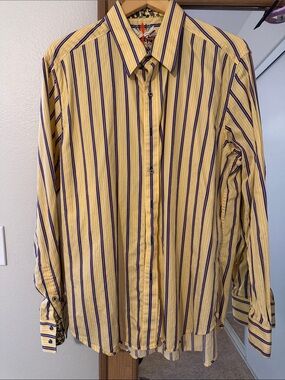 Robert Graham Yellow Shirt with Navy & Purple Stripes